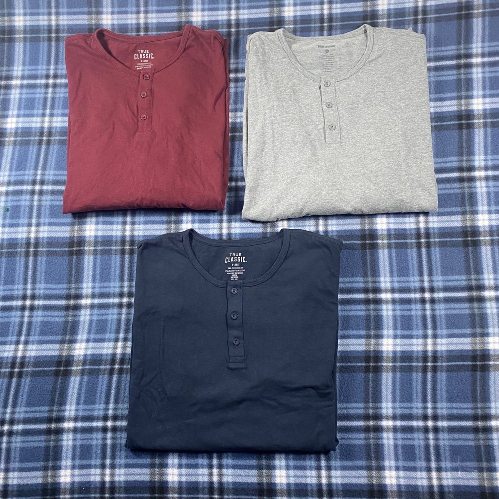 True Classic Mens Henley Long Sleeve Shirt Bundle XL Navy Gray Burgundy 3 Pack